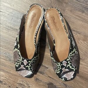 Madewell Snakeskin Peep-Toe Mules in Black and Cream